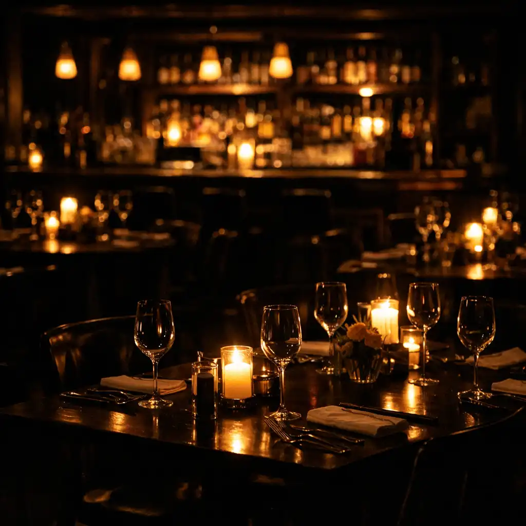 Moody photograph of the venue at night, with tables set and candles lit, the bar in the background