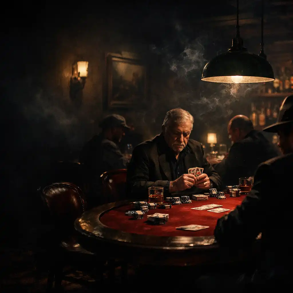Moody atmosphere of the Card Room with patrons seated at poker tables under warm low lighting