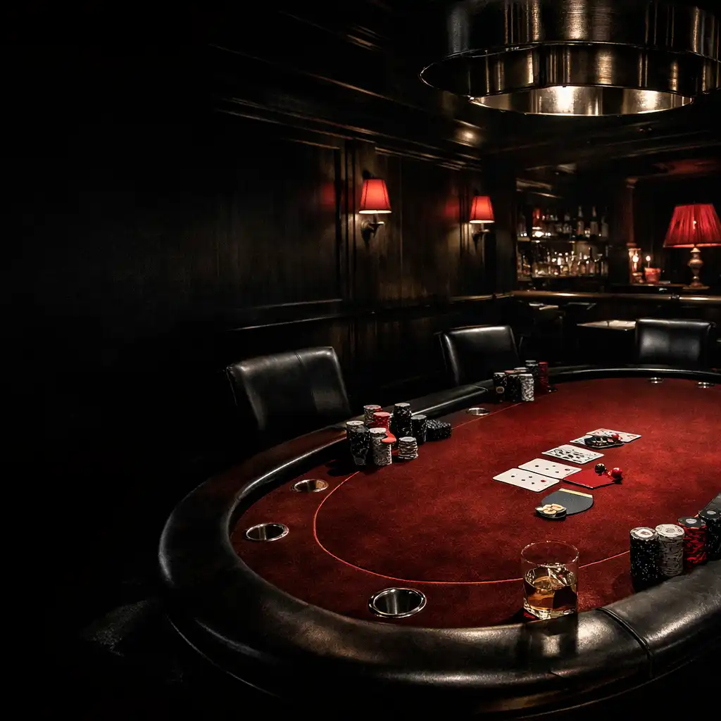 Underground poker room at Stack and Hearth with a central table, dark wood, and red felt under dramatic lighting
