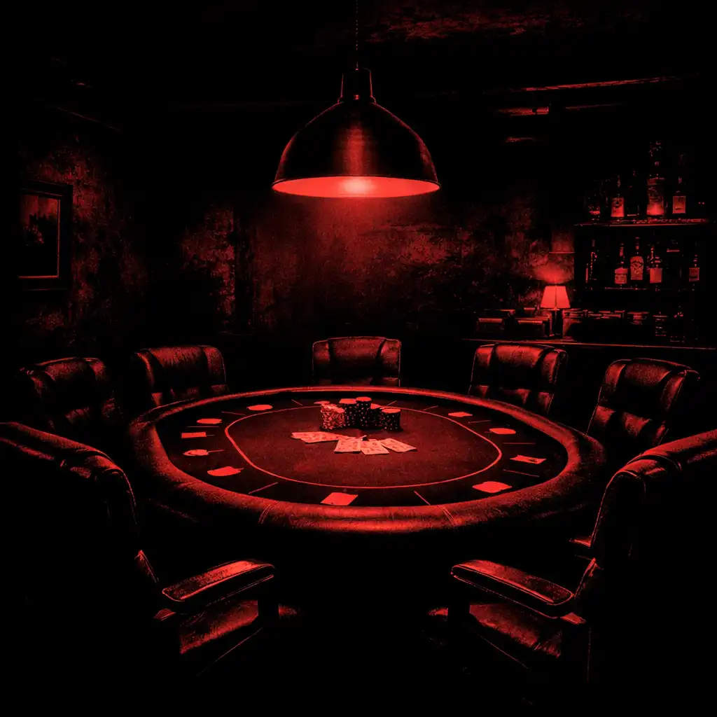 Underground poker room with round table, leather chairs, and warm pendant light