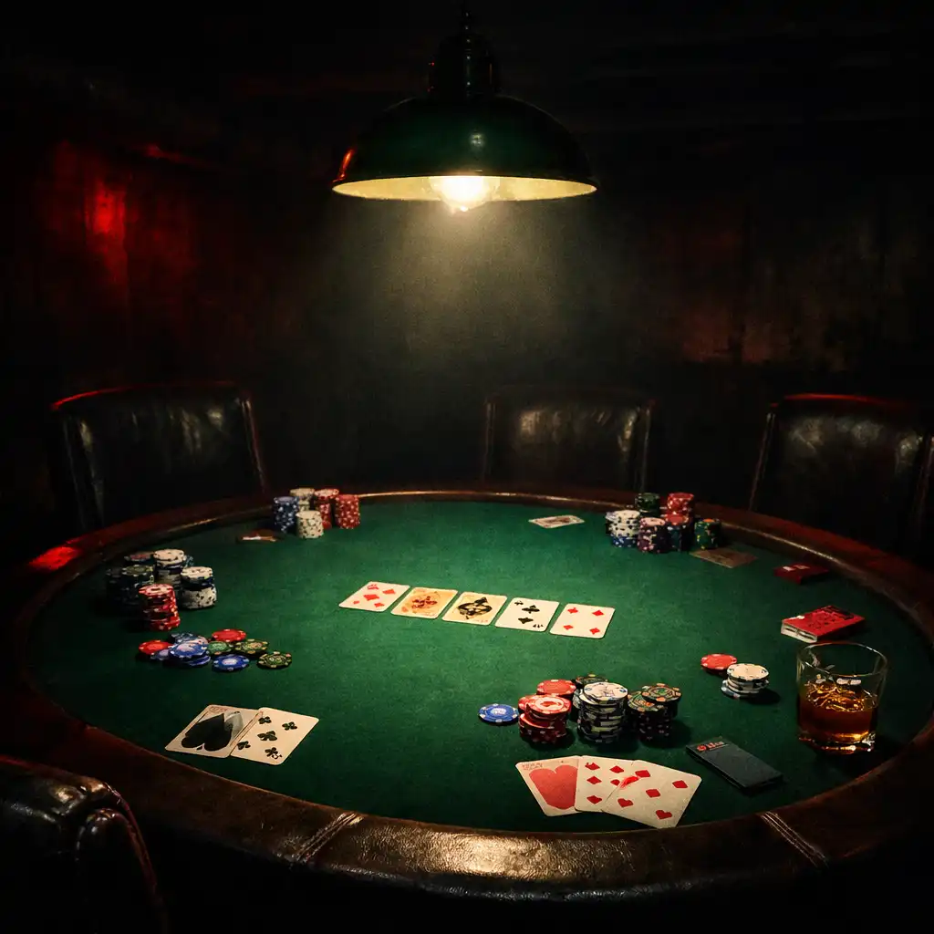 Underground card room with a green felt poker table, chips, cards, and a single overhead lamp casting dramatic light