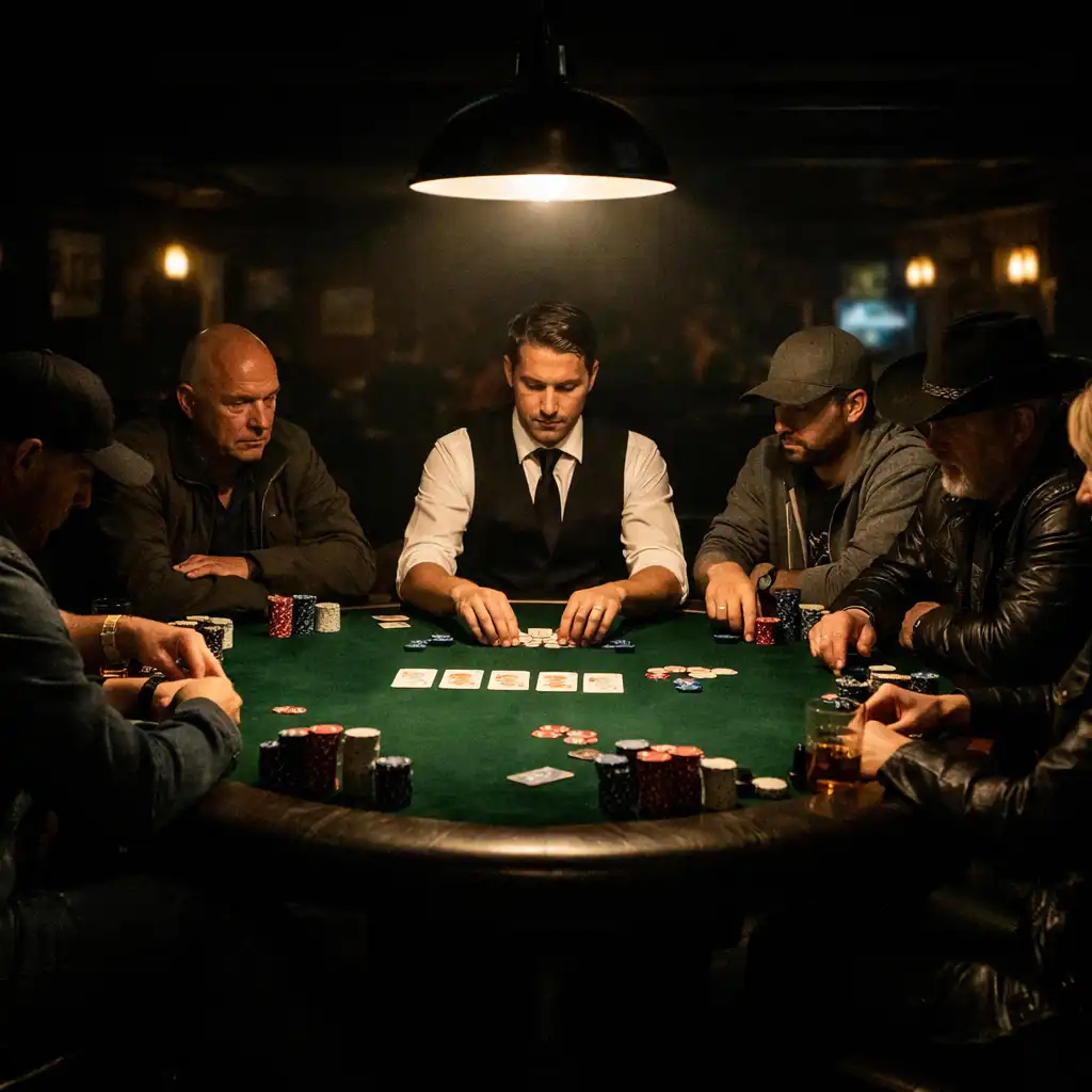 Wide shot of the card room during a poker game with players seated around a table