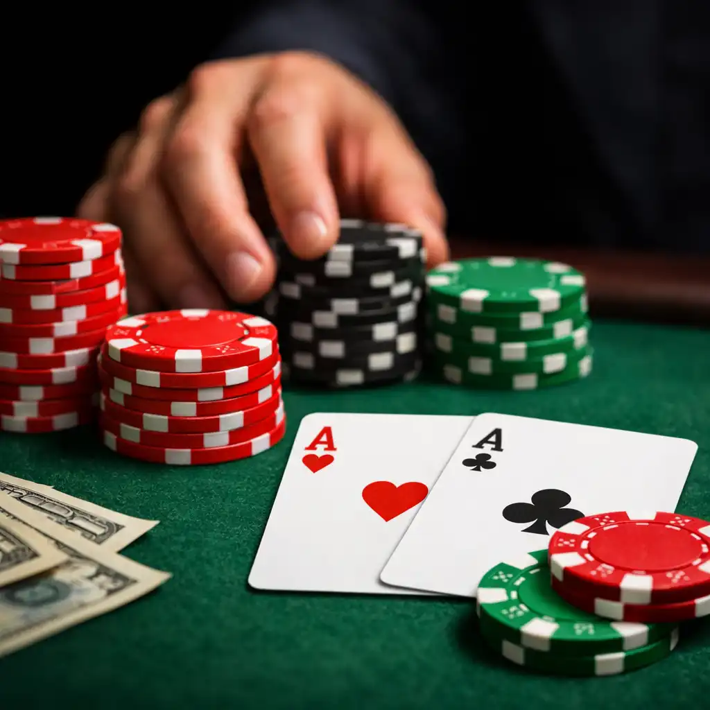 Close-up of poker chips and cards on the felt table