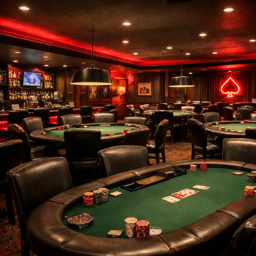View of the card room from a corner, showing multiple tables and the overall ambiance