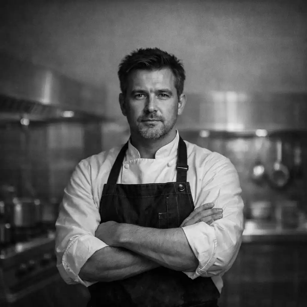 Portrait of the Stack and Hearth chef in a dark apron, standing confidently in a modern kitchen