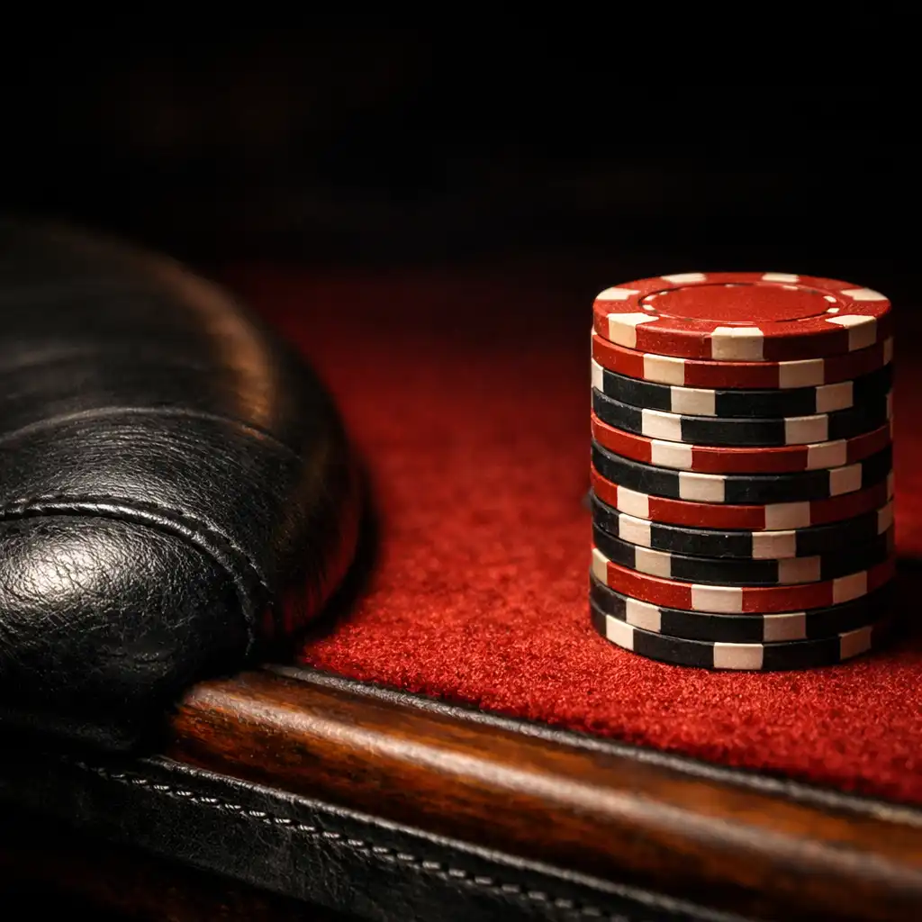 Close-up of a poker table edge showing red felt, a stack of clay chips, and a leather armrest