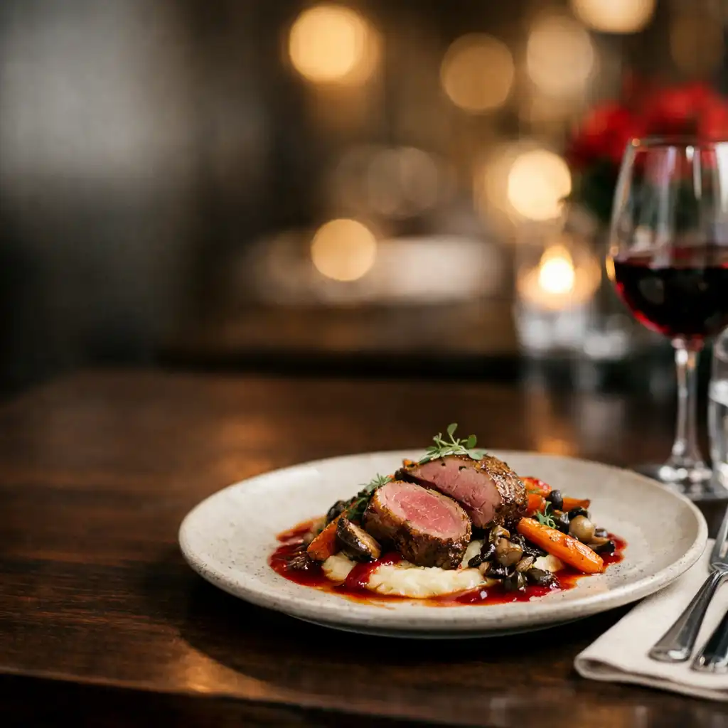 A beautifully set table at Stack and Hearth with a modern Australian dish, cream linen, and warm blurred interior light