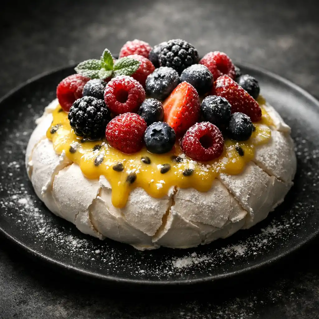 Pavlova with passionfruit curd topped with fresh berries and powdered sugar