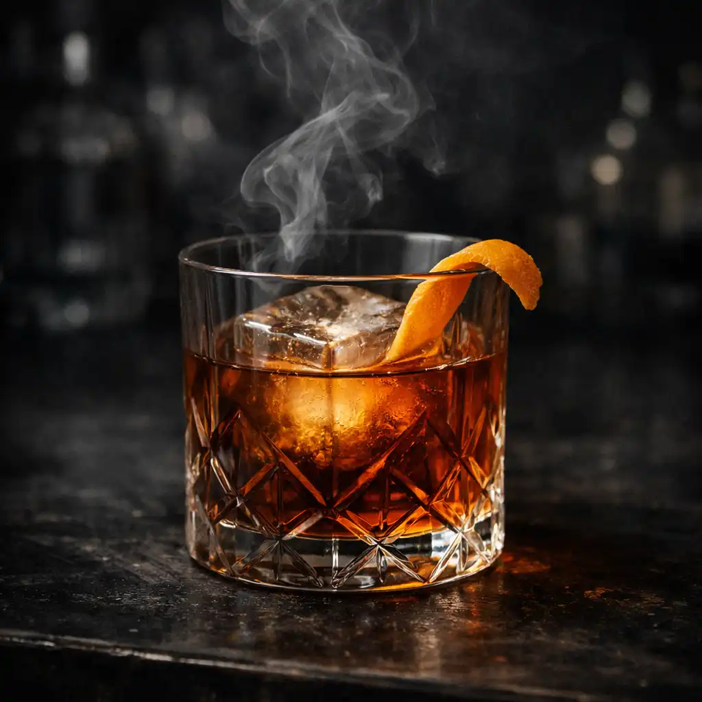 Smoked old fashioned cocktail in a crystal glass with a large ice cube and orange twist