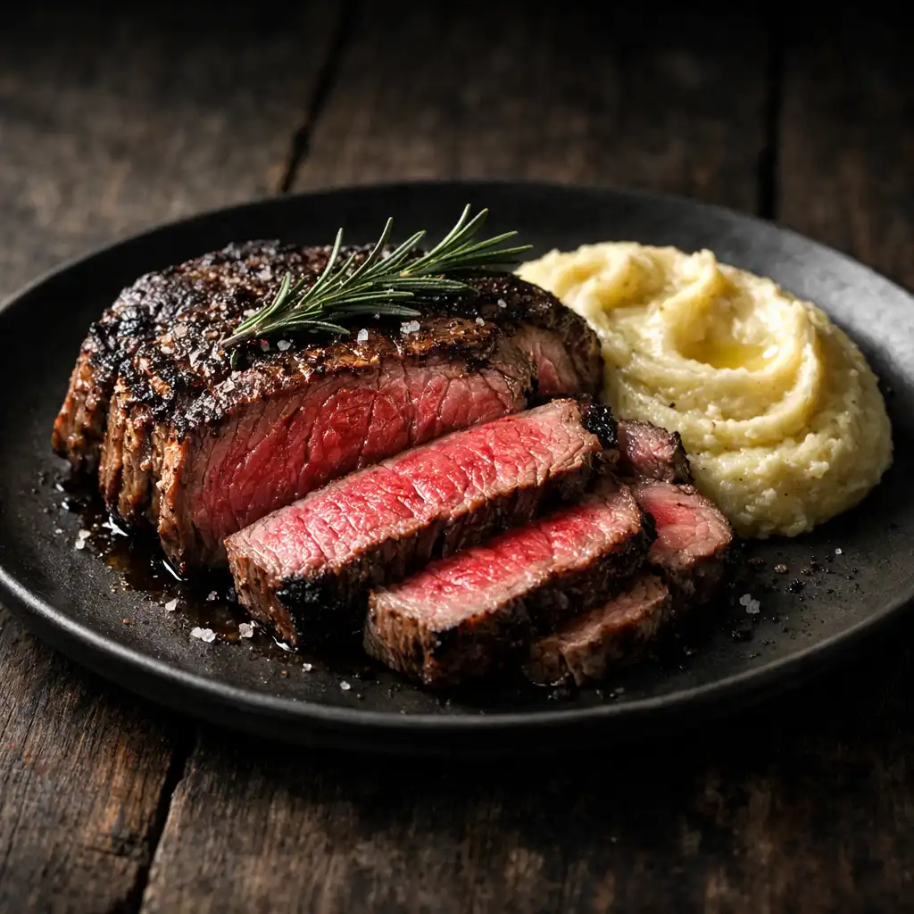Grass-fed ribeye steak sliced to reveal a medium-rare center with smoked potato puree