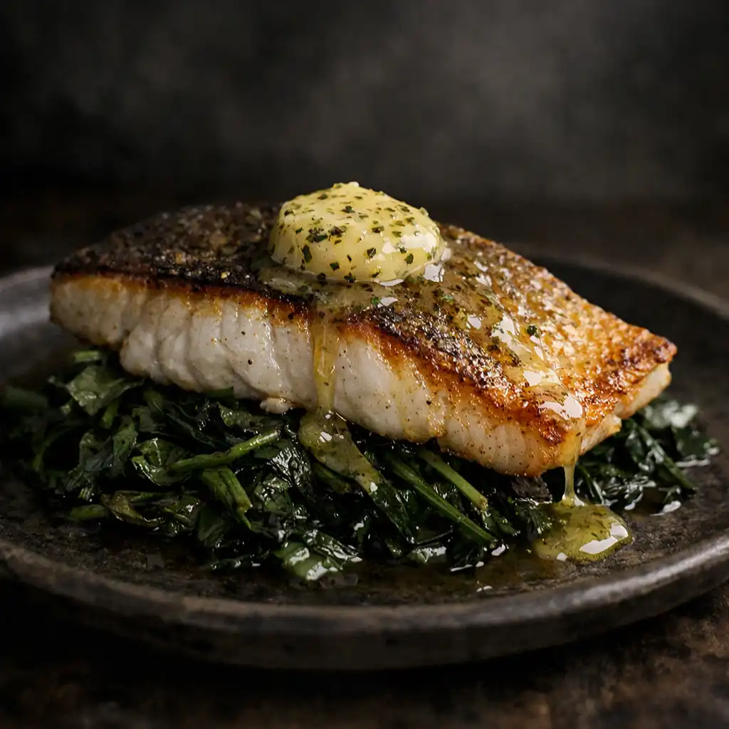 Barramundi fillet with lemon myrtle butter on a bed of wilted greens