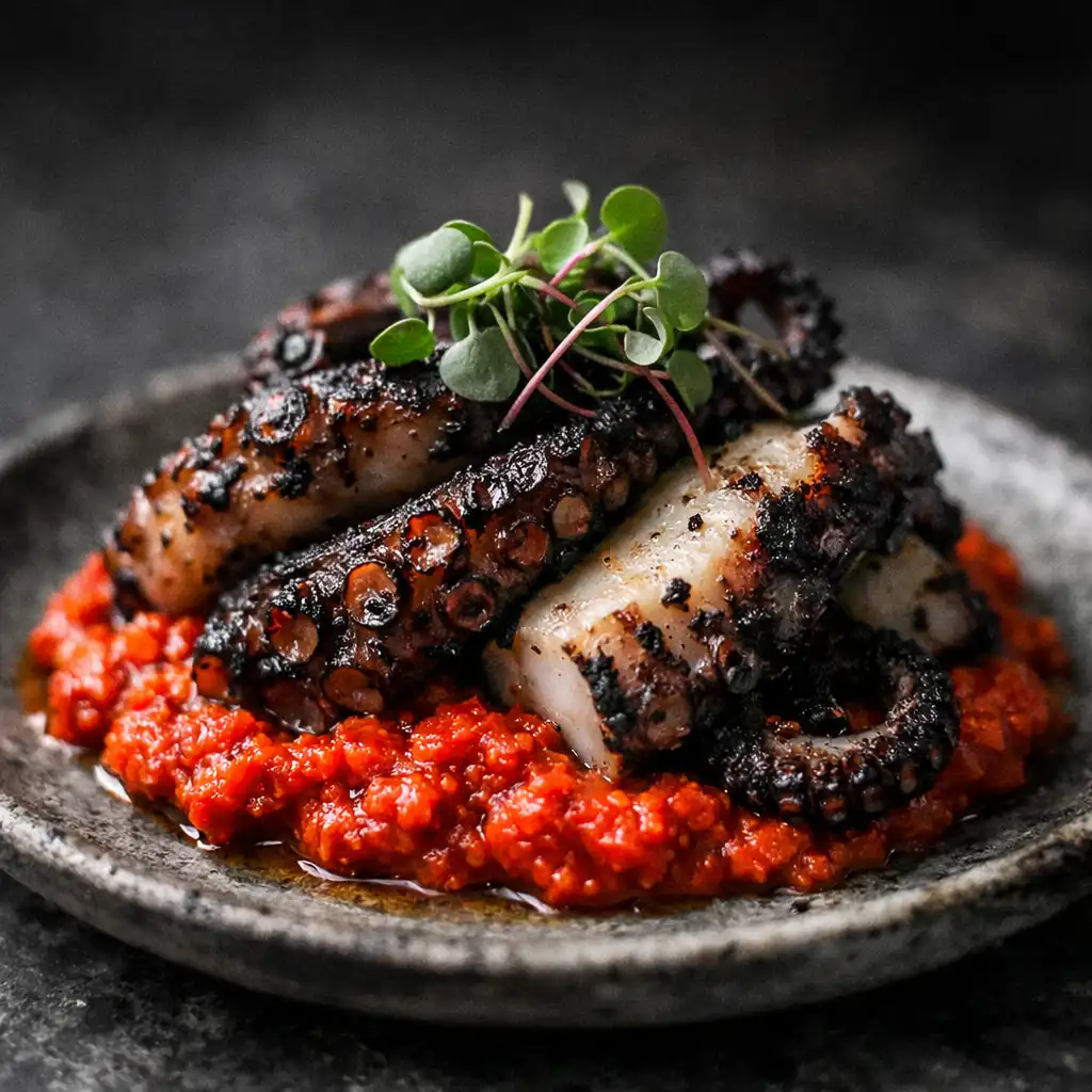 Charred octopus with romesco sauce garnished with microgreens