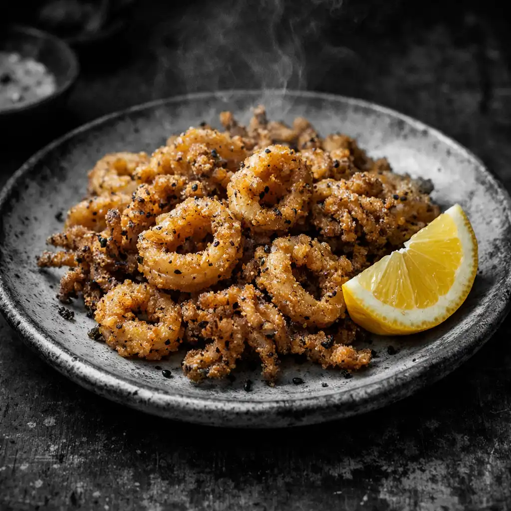 Native pepper calamari with a lemon wedge on a rustic ceramic plate