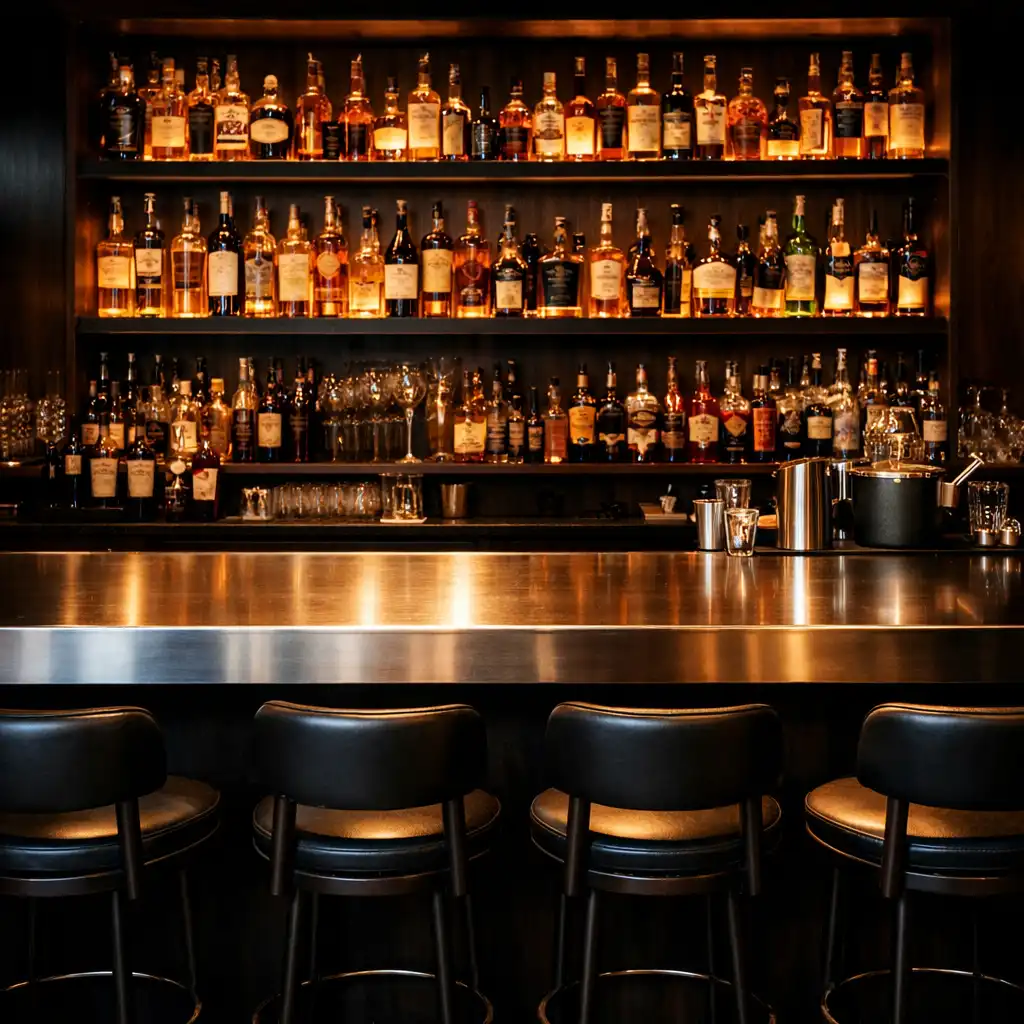 Bar area with backlit shelves of premium spirits, a brushed steel counter, and bar stools