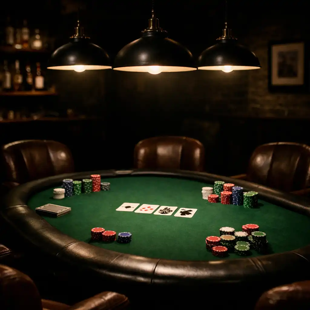 Underground card room with a green felt poker table, chips, cards, and leather chairs