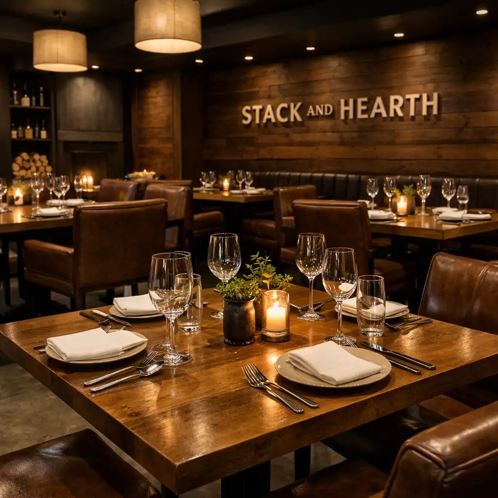 Dining area with wooden tables, elegant tableware, leather chairs, and soft overhead lighting