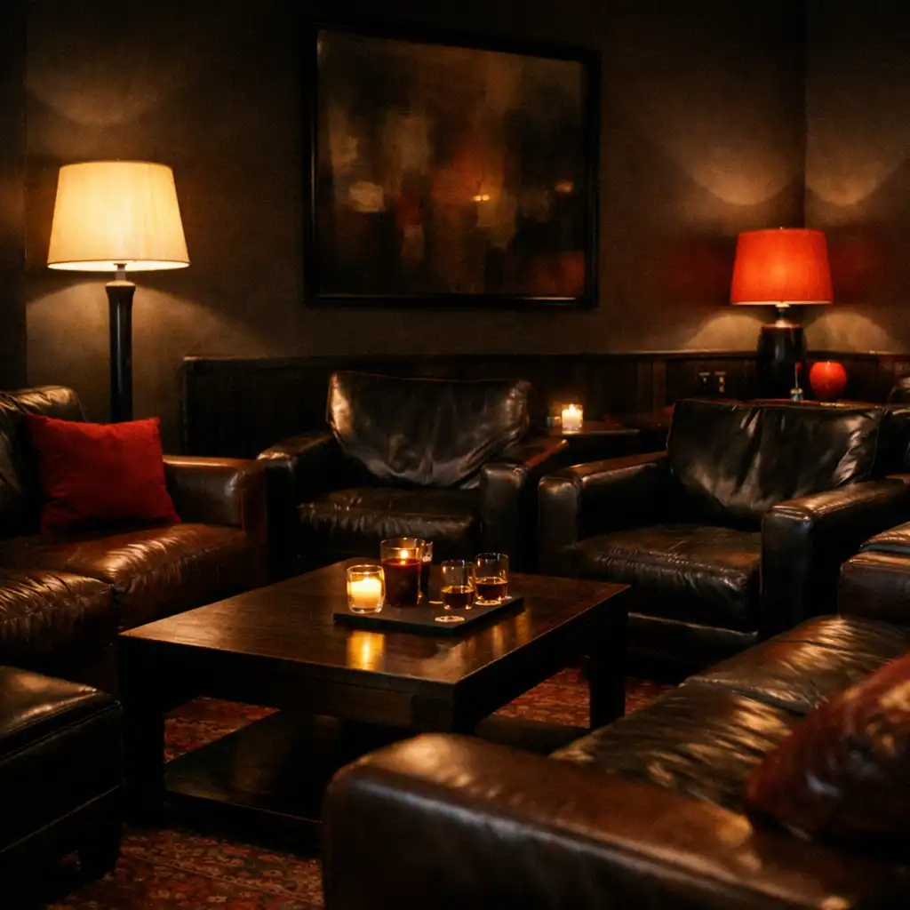 Lounge area with deep sofas and armchairs in dark leather, a low coffee table, and soft floor lamps