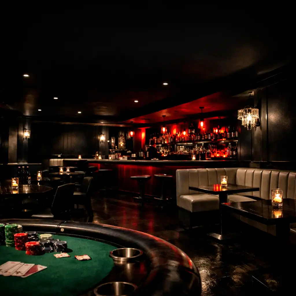 Moody interior of Stack and Hearth supper club with dining area and poker table
