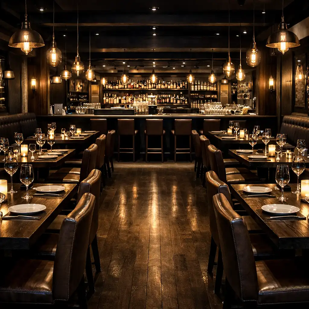 Wide view of the main dining room with dark timber tables, leather chairs, and a bar area under warm pendant lights
