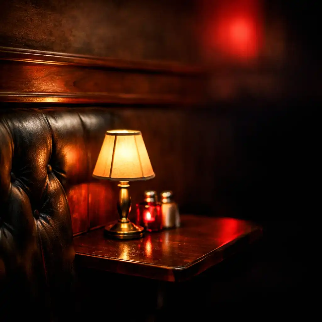 Close view of a dark leather booth with wood panelling and a small warm table lamp