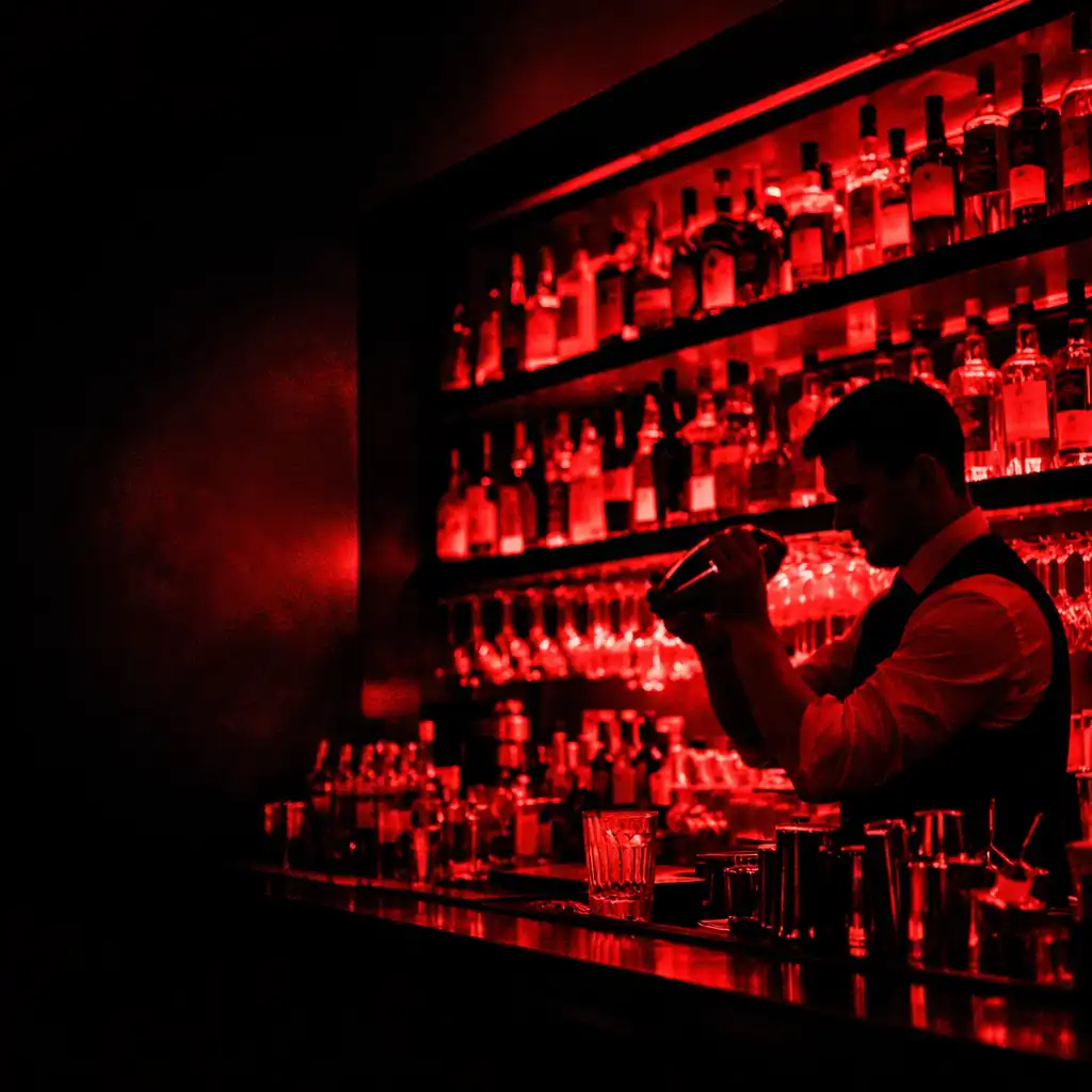 The bar area with backlit shelves, bottles, glassware, and a bartender mixing a drink under a crimson glow