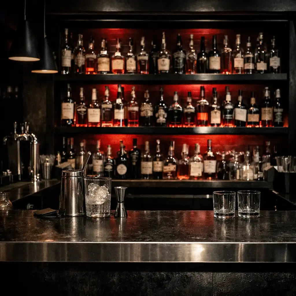 Stylish bar area with backlit shelves and red accent lighting