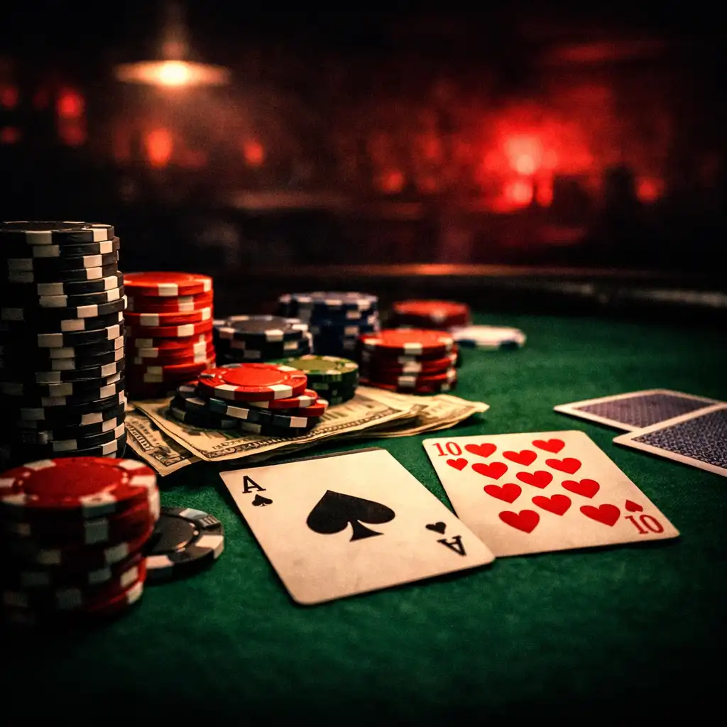 Poker table with chips and cards under soft red lighting