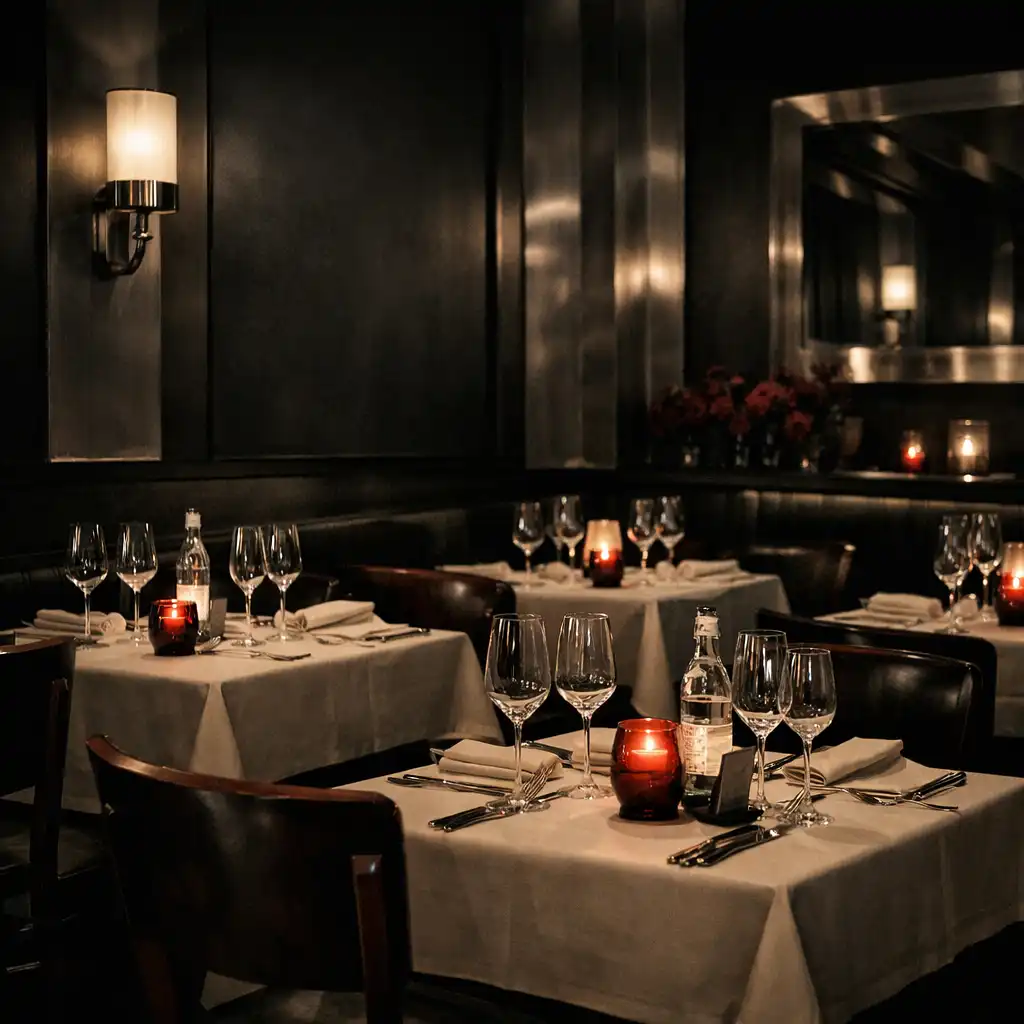 Sophisticated restaurant dining area with cream linens and candlelight