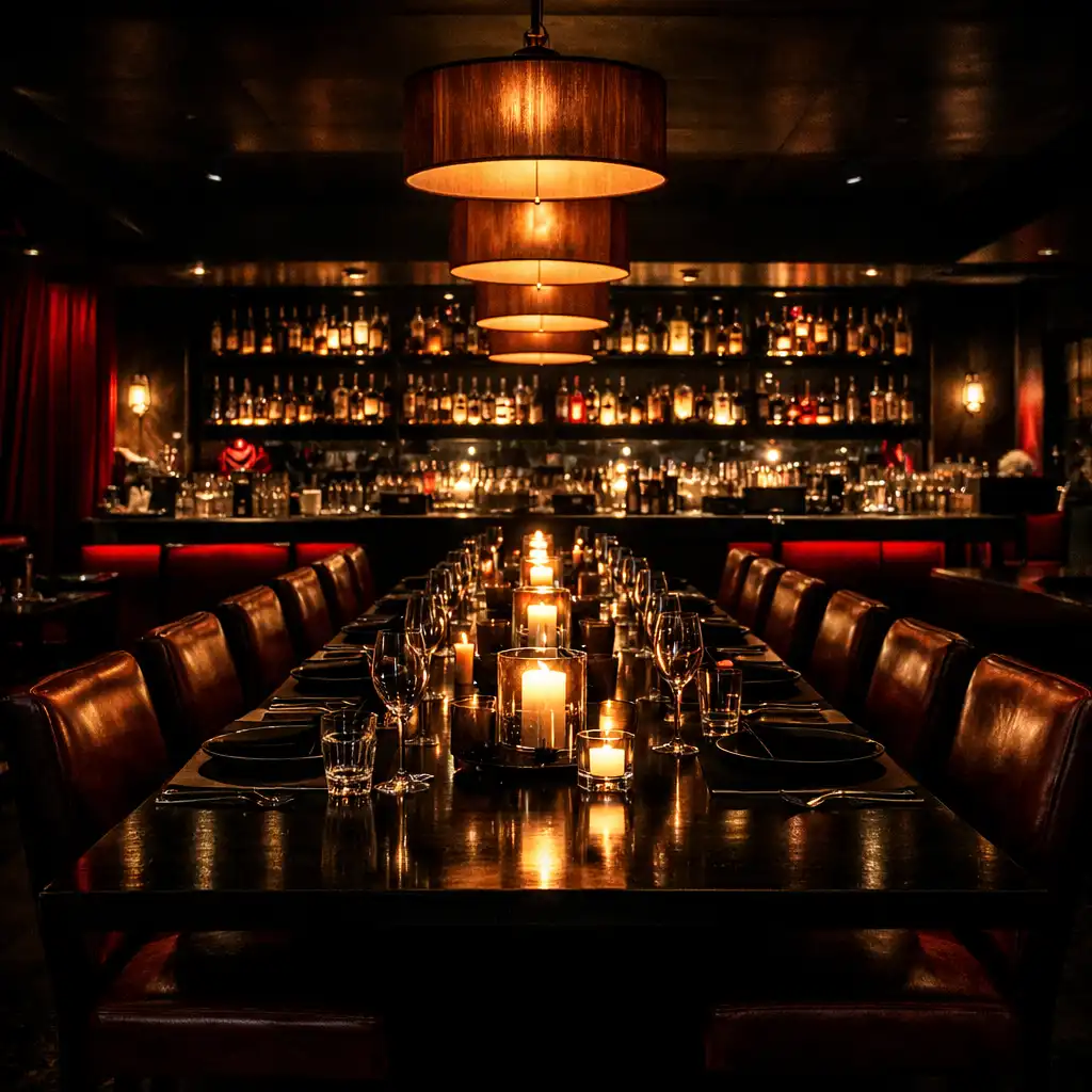 Wide-angle view of the Stack and Hearth dining area with leather chairs, warm pendant lights, and a moody, dark atmosphere
