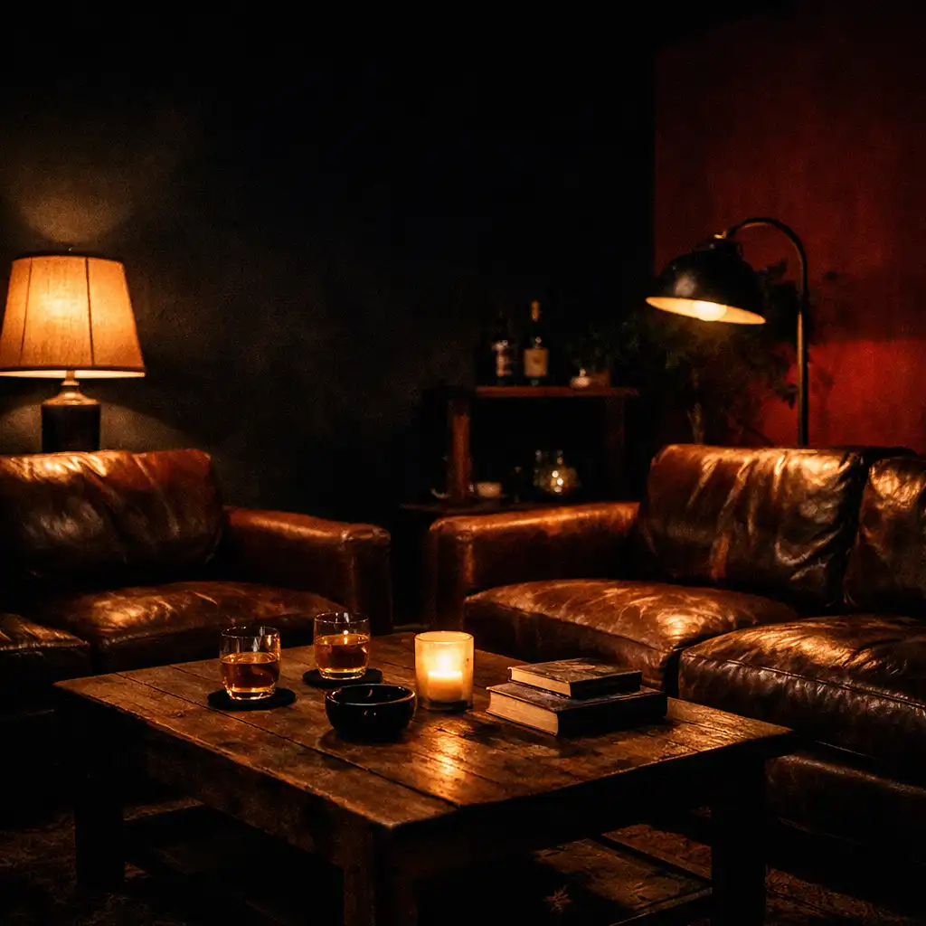 Cozy lounge area with leather sofas and warm lamps