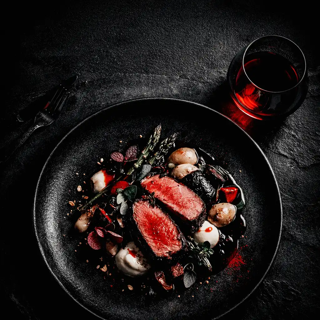 A dramatic overhead shot of a plated modern Australian dish on a dark slate table with a glass of red wine
