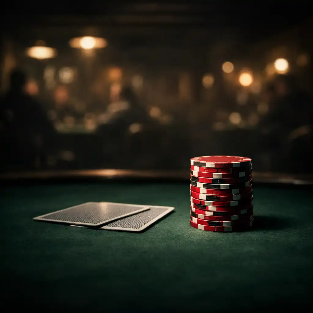 A dramatic close-up of a poker table with crimson chips and playing cards in a dimly lit underground card room.