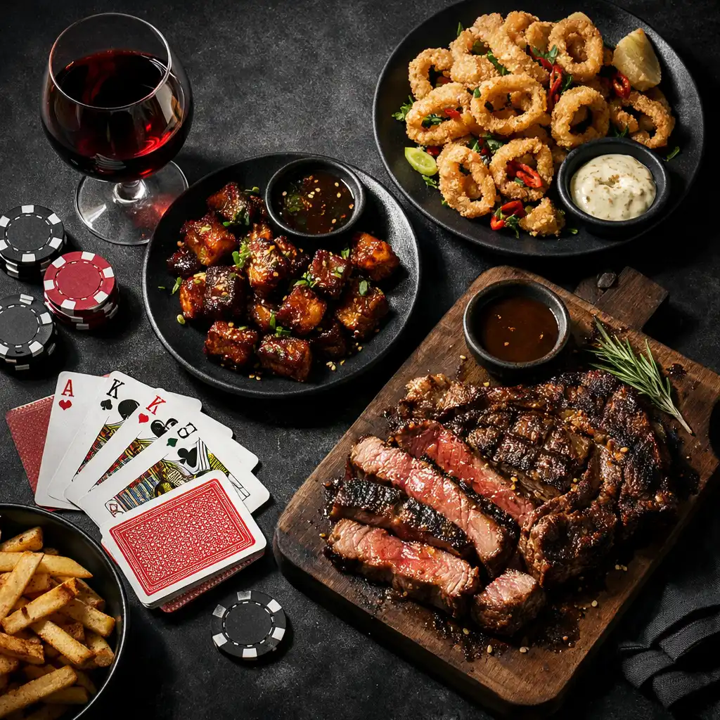 A spread of poker-night-friendly dishes including pork belly bites, calamari, ribeye, red wine, and a deck of cards