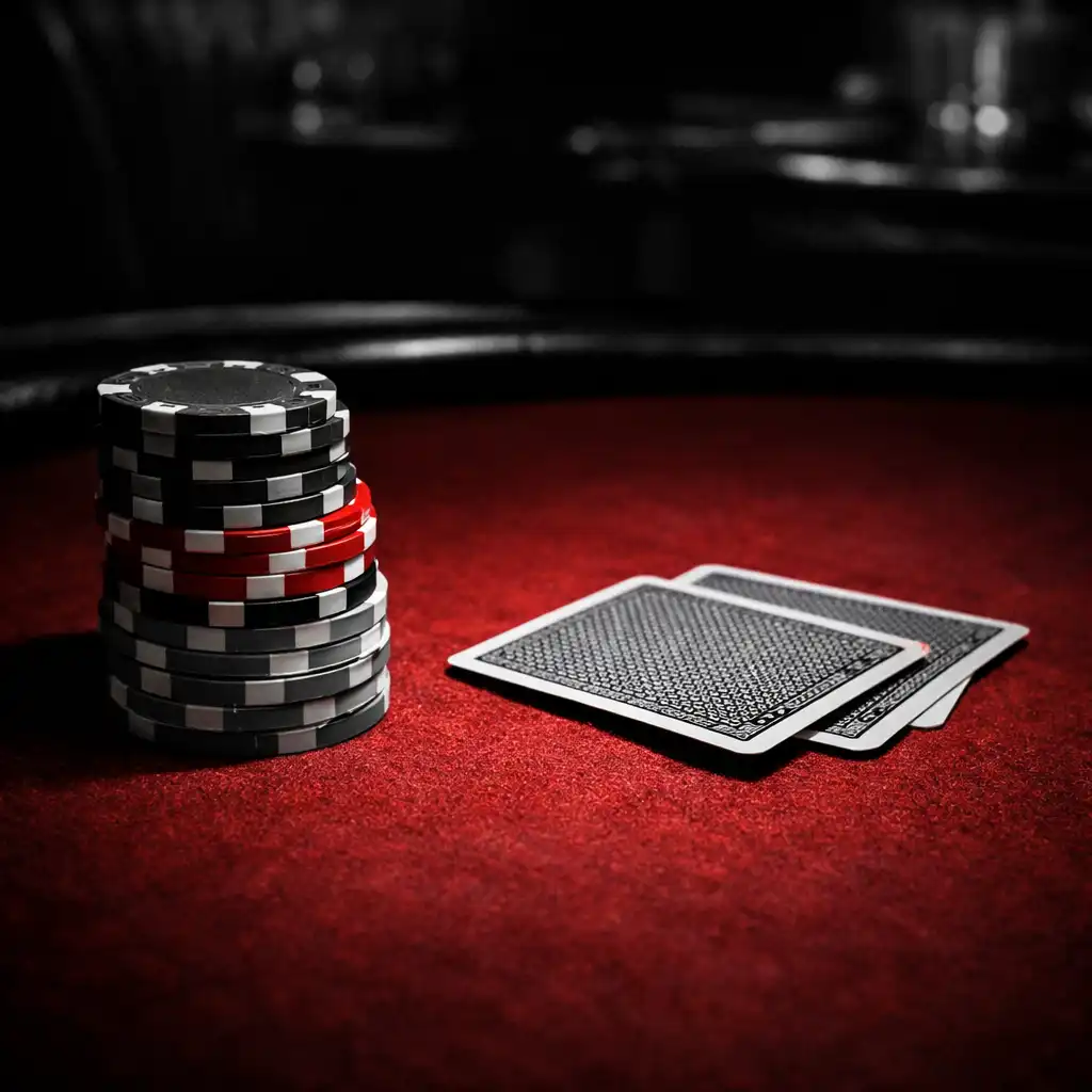 Close-up of a poker table with a stack of clay chips and playing cards on deep red felt