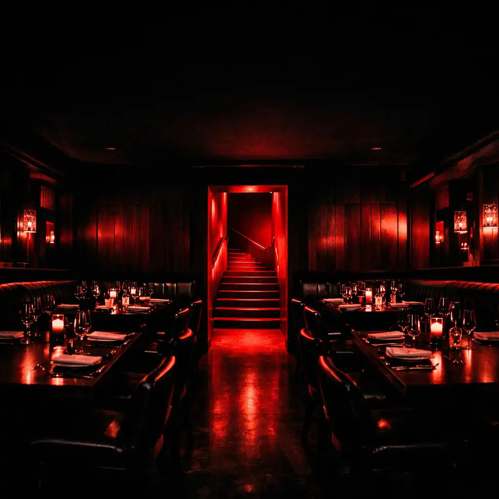Dramatic view of the Stack and Hearth dining room at night, with dark timber, leather banquettes, and a red glow from a doorway leading to the card room