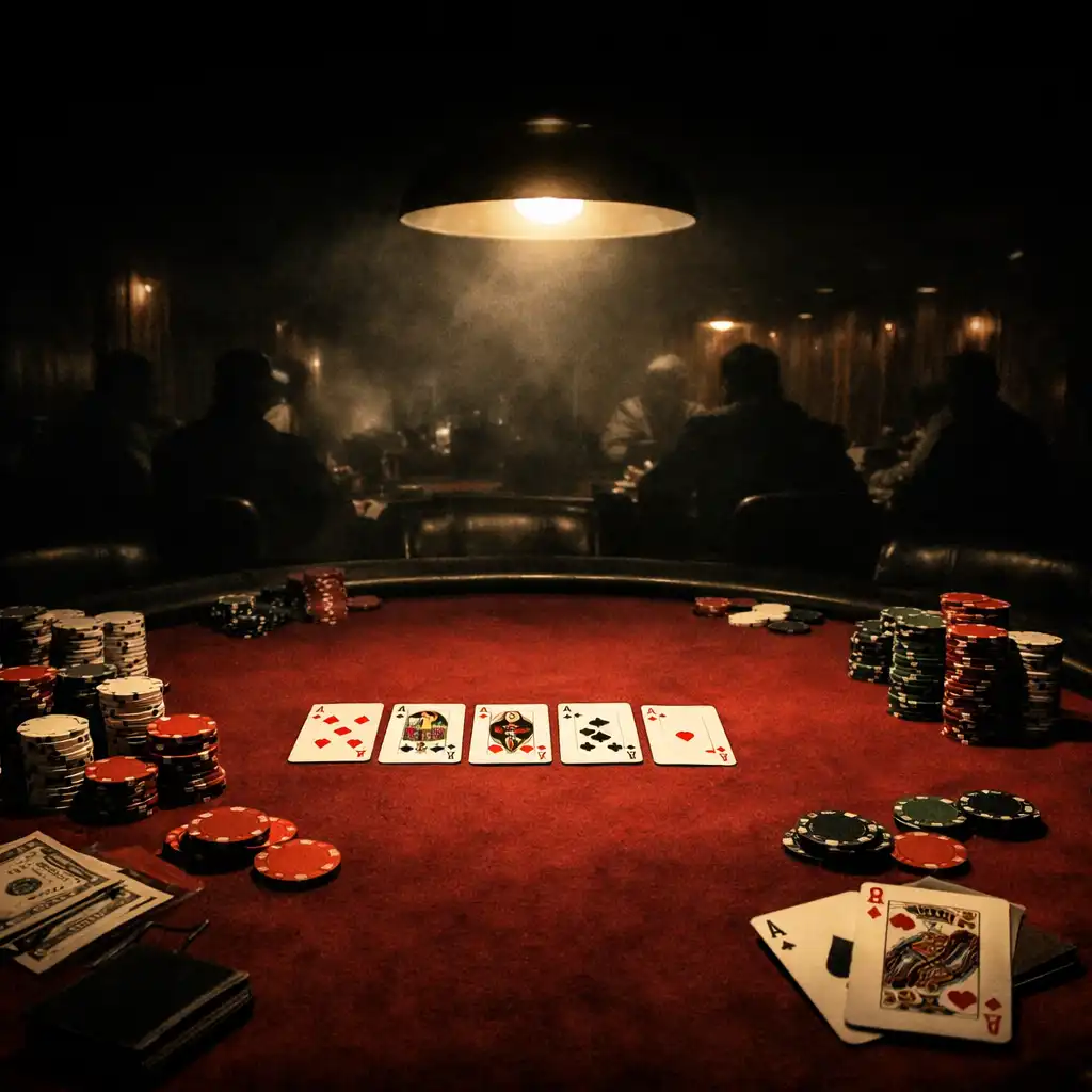 Dramatic Texas Hold'em poker table with chips and cards in the Stack & Hearth Card Room